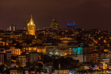 Night cityscape of Istanbul with the Galata Tower illuminated,  Turkey