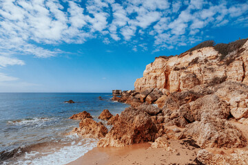 Fototapeta na wymiar Awesome view of Albufeira Beach, panoramic , turistic Beach of castle beach, Albufeira Portugal 