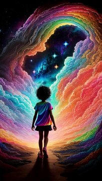 A striking silhouette of a 10-year-old black girl stands out against a backdrop of LGBTQIA colored clouds.  concept of gender identity and diversity in a world full of colors and possibilities.