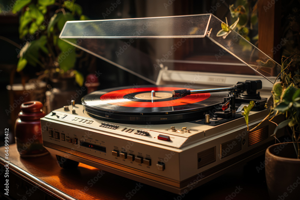 Poster A vintage record player with vinyl records stacked nearby, ready to play some classic tunes. Generative AI.