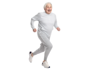 Happy elderly man jogging, cut out