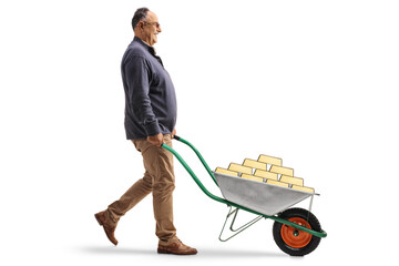 Full length profile shot of a mature man pushing a wheelbarrow with gold - obrazy, fototapety, plakaty