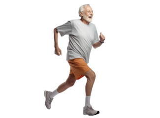 Happy elderly man jogging, cut out