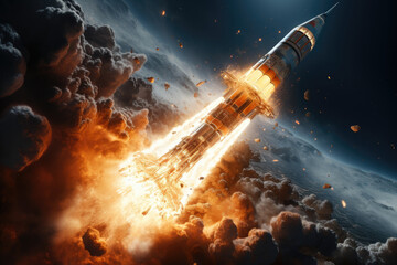 A rocket's fiery engines as it propels a spacecraft into deep space. Generative Ai.