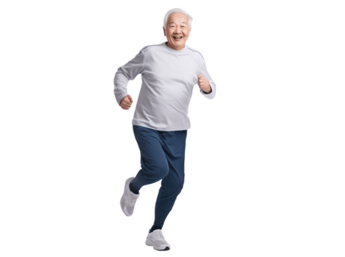 Happy elderly man jogging, cut out