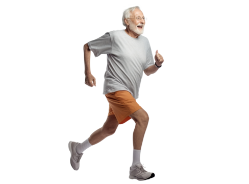 Happy elderly man jogging, cut out