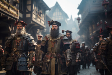 A group of costumed parade participants marching through a town. Generative Ai.