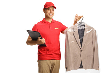 Dry clean worker holding a suit and a clipboard