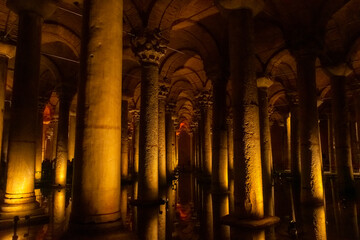 The Basilica Cistern, underground water reservoir build by Emperor Justinianus in 6th century,...