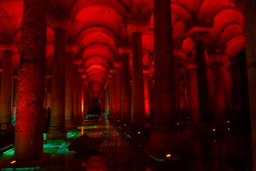 The Basilica Cistern, underground water reservoir build by Emperor Justinianus in 6th century,...