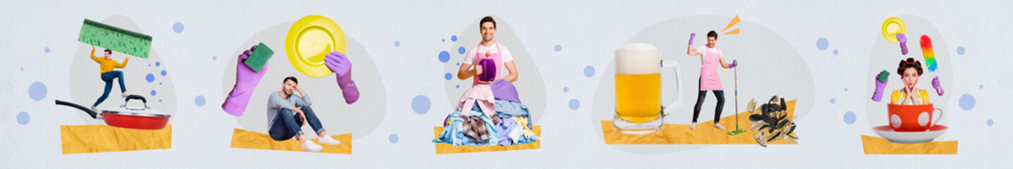 Creative collage illustration panorama cleanup funny guy with girl weekend dirty laundry plate no...