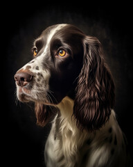Portrait of an English Springer Spaniel on a black background in the studio.  Generative AI