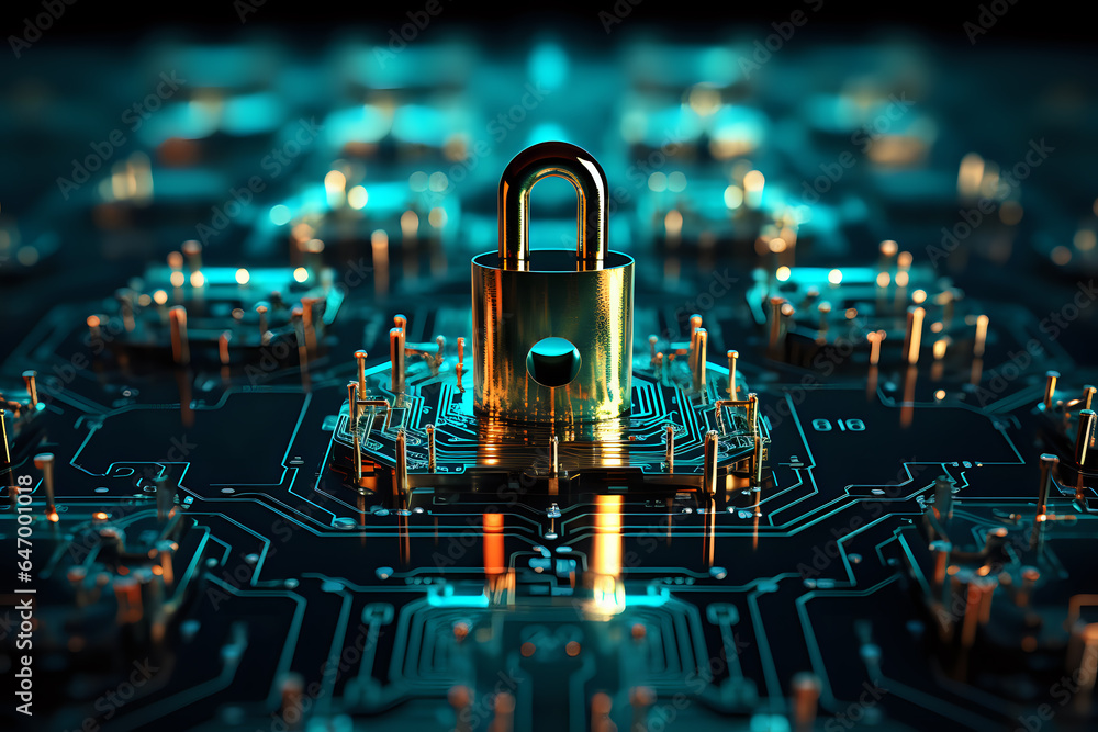 Poster cybersecurity, data protection on hard information media, protection from hacking and hackers, prote