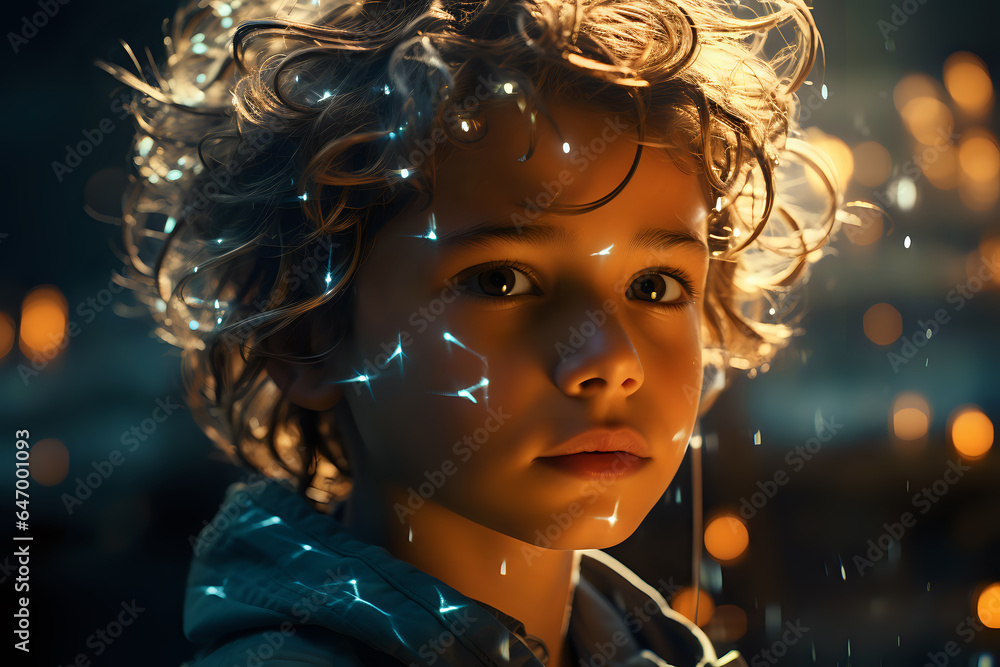 Poster double exposure, concept of children of the future, visualization of the development of wireless tec