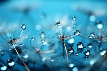 faded dandelions with drops of dew on a blue copyspace background