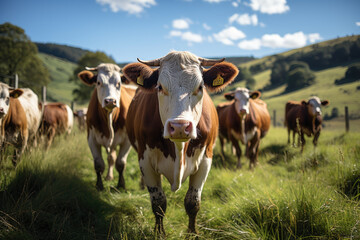 Fototapeta na wymiar A herd of cattle rotationally grazing on pastureland, promoting soil and grass health. Generative Ai.