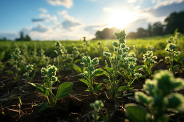 A field of cover crops like clover and rye, enhancing soil fertility and preventing erosion. Generative Ai.