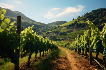 Fototapeta na wymiar A vineyard using biodynamic farming practices to nurture grapevines naturally. Generative Ai.