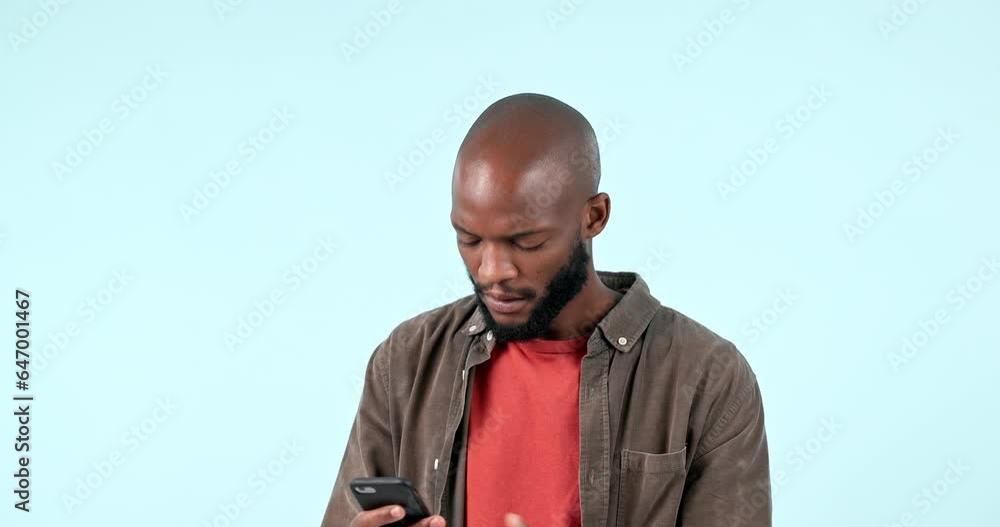 Aufkleber problem, shake head and black man with smartphone, mistake and data depleted on blue studio backgrou
