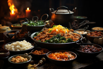 Obraz premium Global Spreads. Buffet of international dishes from different cultures, embodying the diversity of global cuisine. Generative Ai.