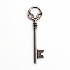 A silver key on a white background