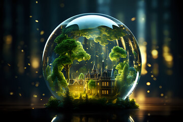 green plants in a glass ball, environmental protection, environmental education, concern for the conservation of natural resources, the concept of the fragility of nature