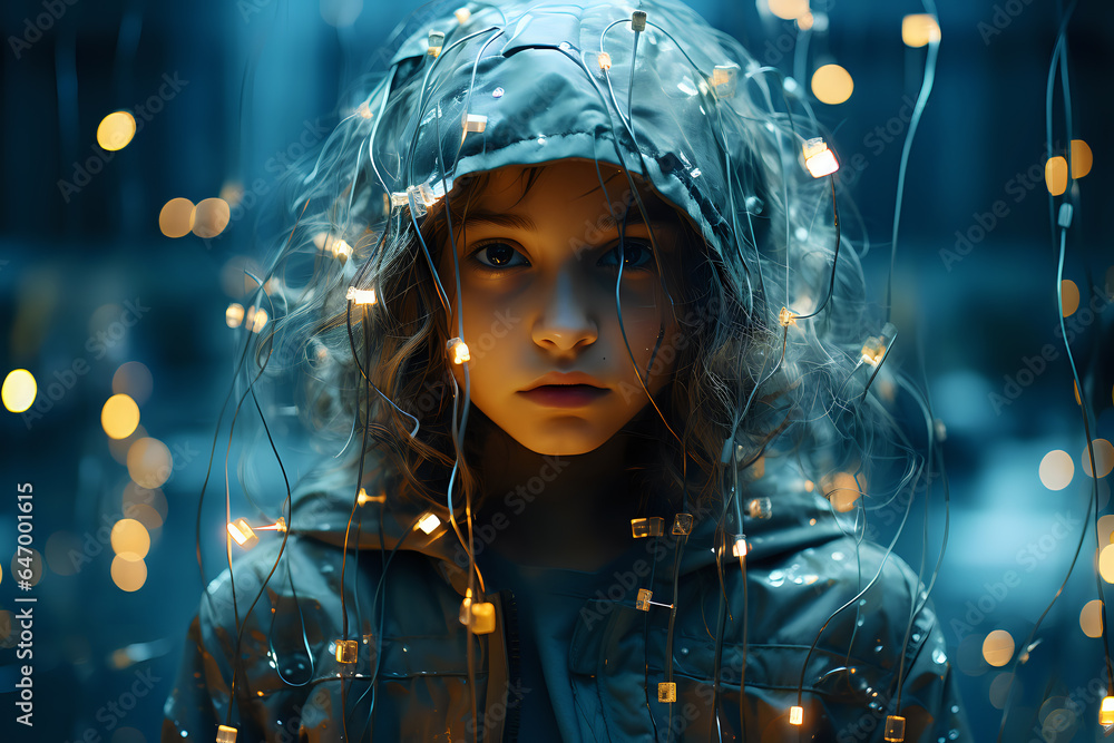 Poster double exposure, concept of children of the future, visualization of the development of wireless tec