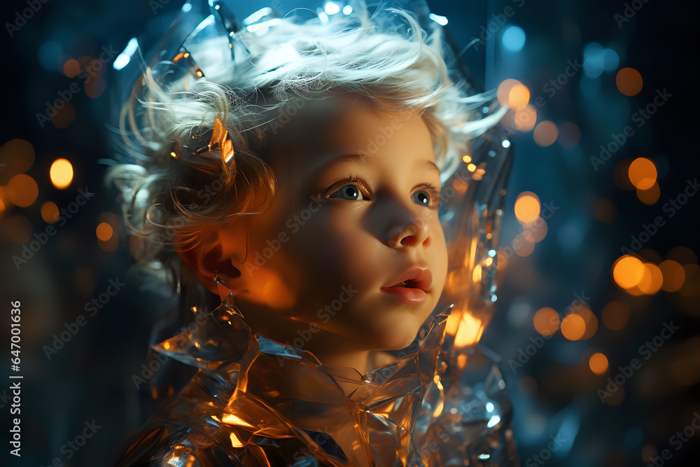 Poster double exposure, concept of children of the future, visualization of the development of wireless tec