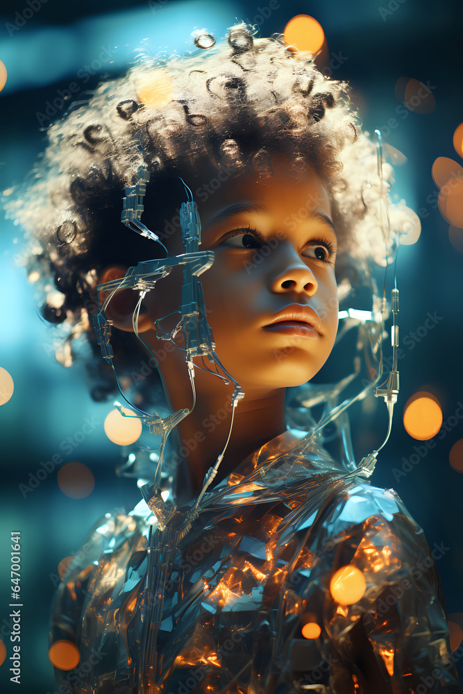 Poster double exposure, concept of children of the future, visualization of the development of wireless tec