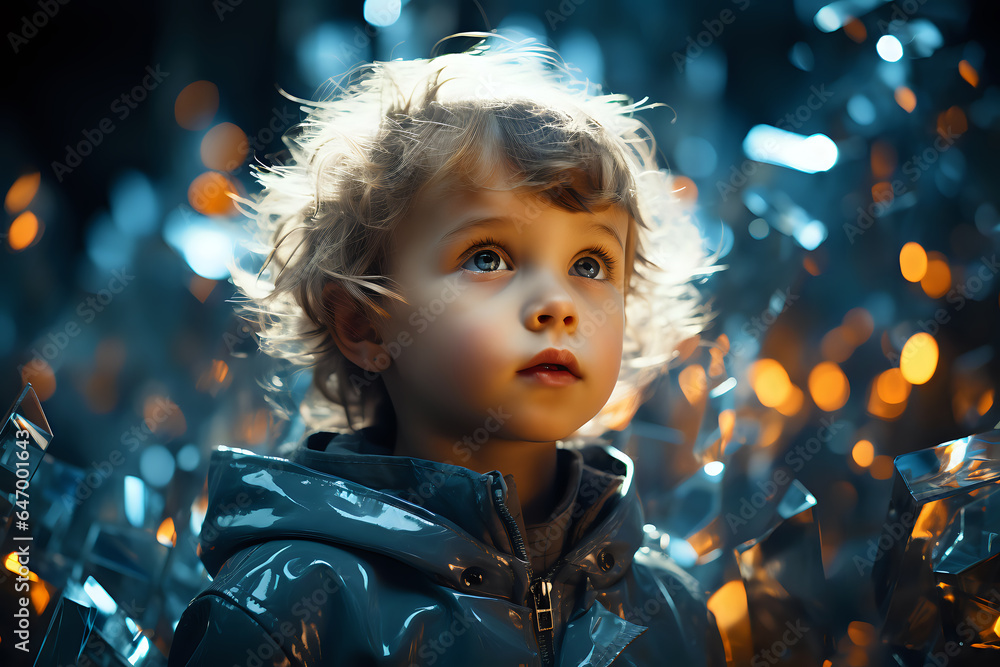 Poster double exposure, concept of children of the future, visualization of the development of wireless tec