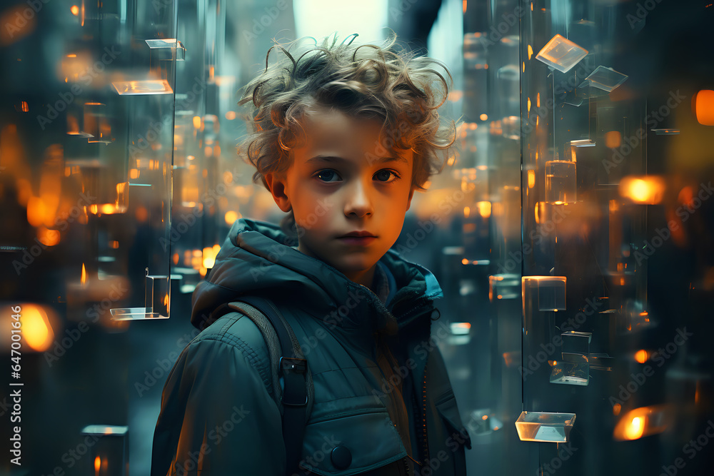 Poster double exposure, concept of children of the future, visualization of the development of wireless tec