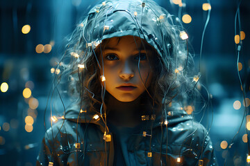 double exposure, concept of children of the future, visualization of the development of wireless technologies and the Internet information field of the new generation