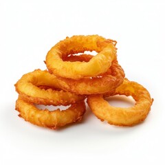 A delicious stack of crispy fried onion rings on a clean white background