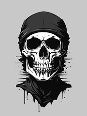Skull wearing a hat and headphones. Vector drawing pattern illustration for tshirt design and printing