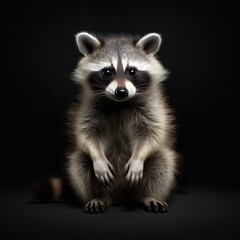 Obraz premium A curious raccoon posing on a dark background, making eye contact with the camera