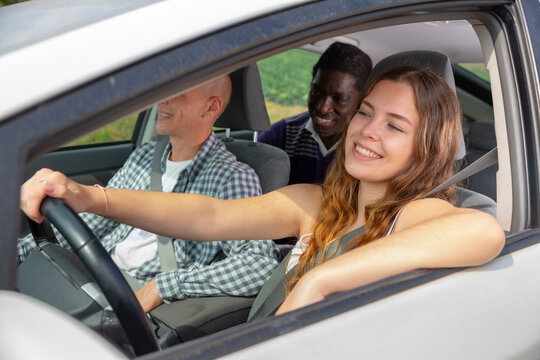 Group Of Best Friends Travel Together, They Driving In Car And Making Fun