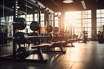 Fototapeta na wymiar Modern Light-Filled Gym Featuring a Rack with Barbells of Various Weights