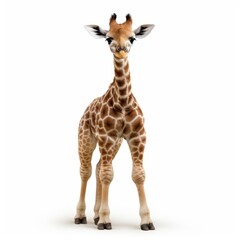 A cute baby giraffe standing in front of a clean white background