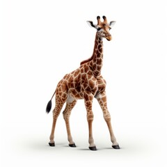 A cute little giraffe standing on a clean white surface
