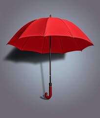 A vibrant red umbrella suspended from a hook against a neutral gray wall
