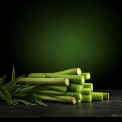 A fresh pile of green asparagus on a wooden table