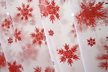 Red snowflakes patterned curtains on white background