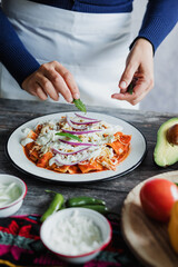 Mexican woman hands preparing chilaquiles with red sauce and eating traditional mexican food for breakfast in Mexico Latin America