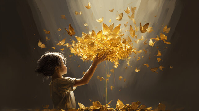 Little girl holding out golden butterflies  in a fantasy world