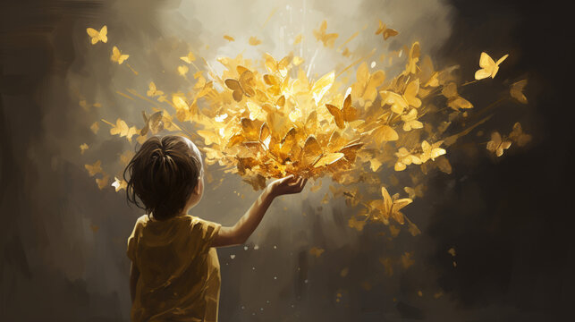 Little girl holding out golden butterflies  in a fantasy world
