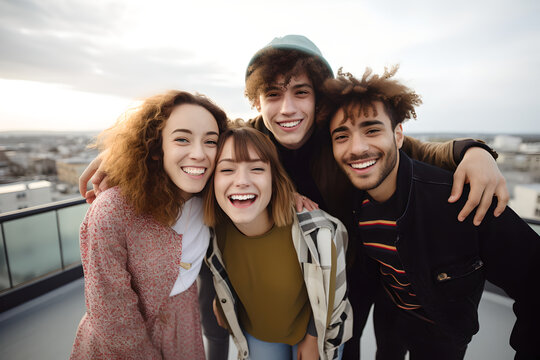 Group of multi ethnic young adult friends smiling having fun on rooftop, group of friends partying on a rooftop