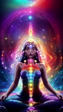 A woman sitting in a lotus position, illuminated by the background galaxy, symbolizes the connection between Chakras, energy balance, and deep meditation. 