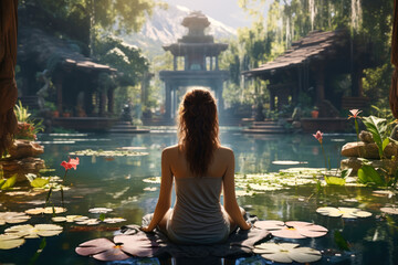 Young woman meditation sitting on stone in lake in beautiful garden