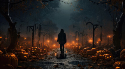 Lone person walking down dark spooky street on scary Halloween night