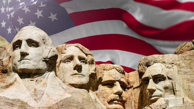 4K video of the four presidents at Mount Rushmore National Park in South Dakota with USA flag